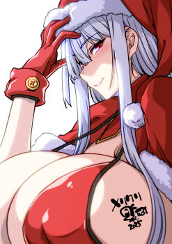 1girl bikini breasts capelet cleavage commentary_request ebido fur-trimmed_headwear fur_trim gloves hat highres huge_breasts long_hair looking_at_viewer red_bikini red_capelet red_eyes red_gloves red_hat santa_bikini santa_costume santa_hat selvaria_bles senjou_no_valkyria senjou_no_valkyria_(series) senjou_no_valkyria_1 sideboob sidelocks smile solo swimsuit white_hair