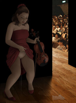 1girl audience book bow_(music) breasts brown_hair chair clothes_lift dress dress_lift earrings closed_eyes fingernails flower hair_flower hair_ornament high_heels holding holding_instrument instrument jewelry medium_breasts medium_hair munio_world open_mouth original panties peeing peeing_self puddle red_dress shoes solo_focus stage tagme underwear violin wet wooden_floor