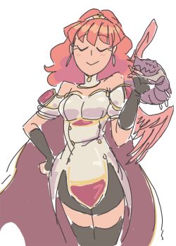 bare_shoulders blush cape celica_(fire_emblem) closed_eyes davewaterfalls dragon earrings fire_emblem fire_emblem_echoes:_shadows_of_valentia grima_(fire_emblem) hand_on_own_hip jewelry nintendo petting red_hair simple_background thighhighs