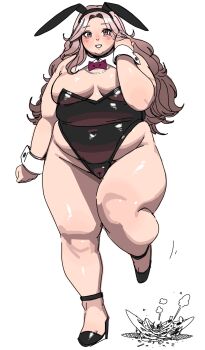 1girl animal_ear_hairband animal_ears anklet black_hairband black_leotard black_shoes blush bow bowtie breasts brown_eyes brown_hair cameltoe covered_navel detached_collar fake_animal_ears fat fat_woman hairband hand_in_own_hair high_heels highleg highleg_leotard highres jewelry leotard lips long_hair medium_breasts original pink_bow pink_bowtie playboy_bunny rabbit_ear_hairband rabbit_ears shoes smile solo standing standing_on_one_leg thick_thighs thighs utoka wavy_hair white_background wrist_cuffs
