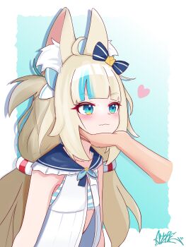 1girl 1other absurdres ahoge animal_ear_fluff animal_ears aqua_background blonde_hair blue_eyes blue_streaks blunt_bangs blush border cat_ears commentary_request disembodied_hand dress gradient_background hand_on_another&#039;s_chin heart highres indie_virtual_youtuber lifebuoy_hair_ornament long_hair low_twintails multicolored_hair rei_(2812q) sameko_saba signature smile solo streaked_hair twintails upper_body very_long_hair virtual_youtuber wavy_mouth white_border white_dress