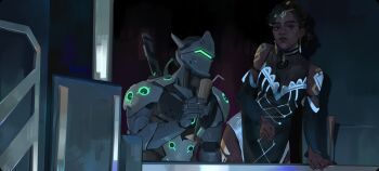 1boy 1girl arcane:_league_of_legends armor bare_shoulders black_dress bodysuit brown_eyes brown_hair colored_veins commentary couple crossover cyborg daniju dark-skinned_female dark_skin detached_sleeves dreadlocks dress earrings english_commentary from_side genji_(overwatch) glitter glitter_makeup glowing gold_armor gold_tattoo green_visor hair_up helmet hetero highres humanoid_robot indoors jewelry league_of_legends leaning_forward leaning_to_the_side long_sleeves looking_to_the_side looking_up mask mel_(league_of_legends) overwatch power_armor robot shade shoulder_plates sitting standing upper_body very_dark_skin