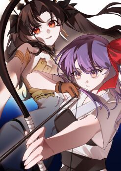 2girls absurdres amiably_02 archery arrow_(projectile) black_hair bow_(weapon) breasts chinese_commentary commentary_request earrings fate/grand_order fate/stay_night fate_(series) hair_ribbon hakama highres holding holding_bow_(weapon) holding_weapon hoop_earrings ishtar_(fate) japanese_clothes jewelry long_hair matou_sakura multiple_girls purple_eyes purple_hair red_eyes red_ribbon ribbon smile two_side_up weapon
