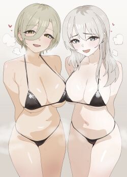 2girls arms_behind_back bikini black_bikini breasts brown_eyes collarbone cowboy_shot earclip girls_band_cry gradient_background green_hair grey_background grey_eyes grey_hair hair_between_eyes highres kawaragi_momoka large_breasts legs_together light_blush long_hair looking_at_viewer loving_aura mole mole_under_eye multicolored_hair multiple_girls n_nai_nai_n navel open_mouth raised_inner_eyebrows roots_(hair) rupa_(girls_band_cry) shiny_clothes shiny_skin shiny_swimsuit short_hair shoulder_blush smile steaming_body string_bikini sweat swimsuit