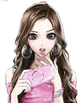 1girl absurdres bingi blush bracelet brown_eyes brown_hair commentary earrings english_commentary eyelashes finger_to_mouth fingernails forehead gem handheld_game_console highres holding holding_handheld_game_console hoop_earrings jewelry long_eyelashes long_fingernails long_hair looking_at_viewer off-shoulder_shirt off_shoulder open_mouth original pink_lips pink_nails pink_shirt playstation_portable shirt silver_bracelet silver_earrings solo upper_body very_long_fingernails wavy_hair white_background white_gem