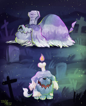 Rule 34 | animal focus, artist name, candle, closed mouth, commentary, english commentary, evolutionary line, fire, full body, grass, graveyard, greavard, hair over eyes, highres, houndstone, imazartz, night, nintendo, no humans, open mouth, outdoors, pokemon, pokemon (creature), pokemon focus, tombstone