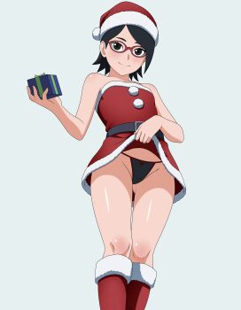 1girl absurdres belt black_belt black_panties boruto:_naruto_next_generations box christmas christmas_present clothes_lift commentary dress dress_lift english_commentary gift gift_box glasses hat highres holding holding_gift lifting_own_clothes naruto_(series) panties red-framed_eyewear santa_costume santa_dress santa_hat short_hair solo thighs tsubasadraw uchiha_sarada underwear