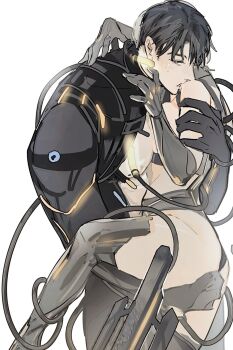 1boy 1girl ass black_hair breast_press breasts caleb_(love_and_deepspace) couple cyborg grey_eyes hand_on_another&#039;s_back height_difference hetero highres large_breasts leg_up lifting_person loneroad_unreturned_caleb love_and_deepspace lrrcakie mechanical_spine nude official_alternate_costume open_mouth parted_lips pectorals protagonist_(love_and_deepspace) short_hair sideways_glance simple_background white_background