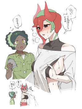 1boy 1girl absurdres blush breasts crop_top cropped_torso dark-skinned_male dark_skin dragon_girl dragon_horns fingernails gradient_eyes green_eyes green_hair hand_up heavy_breathing highres horns hot large_breasts long_sleeves looking_at_another multicolored_eyes open_mouth original red_hair ringed_eyes sakoku_(oyatsu3ji_) sharp_fingernails shin_(sakoku_(oyatsu3ji_)) short_hair sideboob simple_background speech_bubble sweat translation_request upper_body very_short_hair white_background wide_sleeves yellow_eyes