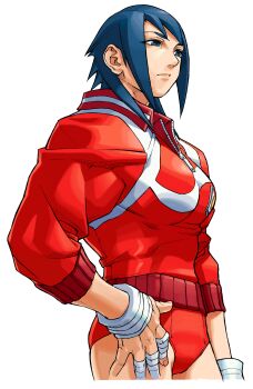 Rule 34 | 1girl, absurdres, ayuhara natsu, bandaged fingers, bandages, blue eyes, blue hair, buruma, cropped legs, edaki shin'ya, expressionless, from below, from side, game cg, highres, jacket, justice gakuen, moero! justice gakuen, non-web source, official art, red buruma, red jacket, red shorts, short hair, shorts, simple background, smile, solo, thighs, track jacket, white background