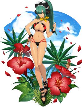 1girl alternate_color alternate_eye_color android bikini blue_sky blunt_bangs bracelet breasts cloud facing_viewer flower full_body green_hair hair_over_one_eye hand_on_own_hip headset high_ponytail highres hime_cut jewelry large_breasts layer_(mega_man) long_hair looking_at_viewer mega_man_(series) mega_man_x_(series) mega_man_x_dive mizuno_keisuke mole mole_under_eye official_art petals ponytail red_eyes scarf sky smile solo summer swimsuit transparent_background