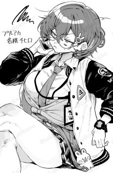 1girl bags_under_eyes blue_archive breasts cellphone chihiro_(blue_archive) crossed_legs greyscale highres jacket jitome large_breasts messy_hair monochrome necktie phone pleated_skirt sakakitamo short_hair skirt smartphone squiggle stuffed_animal stuffed_rabbit stuffed_toy talking_on_phone watch wristwatch