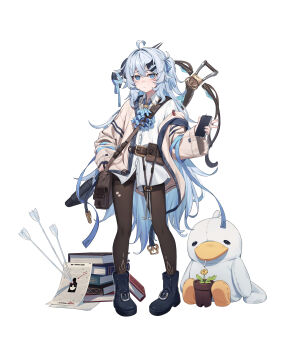 1girl :/ absurdres ahisha_(di_le_to) ahoge arrow_(projectile) ascot bag black_boots black_gloves black_pantyhose blue_ascot blue_eyes blue_hair blue_ribbon book book_stack boots cellphone closed_mouth commentary_request di_le_to fingerless_gloves flower flower_pot full_body gloves gluteal_fold grey_jacket hair_intakes hair_ornament hair_ribbon hair_stick hand_on_own_hip highres holding holding_phone jacket light_frown long_hair looking_at_viewer one_side_up open_clothes open_jacket original panties panties_under_pantyhose pantyhose pantyshot paperclip phone plant potted_plant revision ribbon shirt shoulder_bag simple_background single_glove smartphone solo stuffed_animal stuffed_penguin stuffed_toy tachi-e thighband_pantyhose underwear very_long_hair w white_background white_panties white_shirt yellow_flower