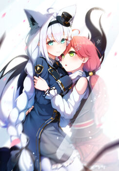 2girls ahoge animal_ear_fluff animal_ears aqua_eyes blue_jacket blush braid closed_mouth commentary_request fox_ears fox_girl fox_tail gloves green_eyes hair_ornament hat highres hololive imo_bouya jacket long_hair long_sleeves looking_at_another looking_at_viewer low-tied_long_hair mini_hat mini_top_hat multiple_girls open_mouth pentagram pink_hair pink_skirt sakura_miko shirakami_fubuki skirt smile tail top_hat very_long_hair virtual_youtuber white_gloves white_hair