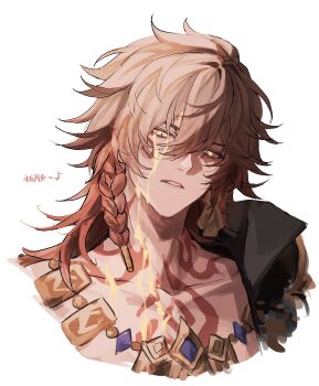 1boy absurdres black_coat braid coat collarbone fz7047 hair_between_eyes highres honkai:_star_rail honkai_(series) looking_at_viewer male_focus medium_hair mydei_(honkai:_star_rail) orange_hair parted_lips red_tattoo simple_background single_braid solo teeth translation_request white_background yellow_eyes