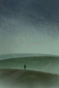 1other artist_name cloud dark dark_cloud fog from_behind full_body hill jacket landscape original outdoors path ponytail rain road scenery signature silhouette storm walking zandra