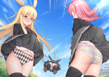 3girls ass black_hair black_thighhighs blonde_hair blush cameltoe checkered_clothes checkered_panties clothes_lift cloud embarrassed fate/grand_order fate_(series) groin hildr_(fate) long_hair medium_hair multiple_girls necktie open_mouth ortlinde_(fate) outdoors panties pantyshot pink_hair pleated_skirt red_eyes school_uniform skirt skirt_lift sky striped_clothes striped_panties thighhighs thrud_(fate) torimaru underwear upskirt valkyrie_(fate) white_panties