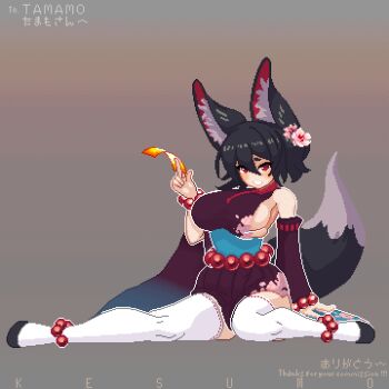 1girl animal_ear_fluff animal_ears animated animated_gif bead_belt bead_bracelet beads black_hair black_tail blue_sash bouncing_breasts bracelet breasts commission detached_sleeves floral_print flower fox_ears fox_girl fox_tail hair_flower hair_ornament jewelry katsumi_(tamamo) kesumogames large_breasts non-web_source ofuda original red_eyes sash sideboob sitting skeb_commission skirt solo tail thighhighs white_thighhighs