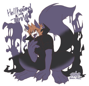Rule 34 | 1boy, alternate costume, alternate form, animal ear piercing, animal feet, animal hands, animification, antenna hair, artist name, black sclera, brown hair, character name, claws, colored sclera, colored skin, colored tongue, commentary request, eddsworld, flipped hair, hair ears, high collar, highres, kaiyo noba, long tongue, looking at viewer, male focus, monster boy, monsterification, no nose, open mouth, purple tongue, sharp teeth, simple background, solo, squatting, tail, teeth, tongue, tongue out, tord (eddsworld), white background, white eyes, white skin, wolf boy, wolf tail