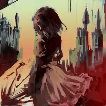 Rule 34 | 1girl, arms at sides, building, commentary, cowboy shot, facing away, from behind, mark (heaven), medium hair, missing headwear, missing wings, remilia scarlet, shirt, short sleeves, skirt, solo, spear the gungnir, touhou