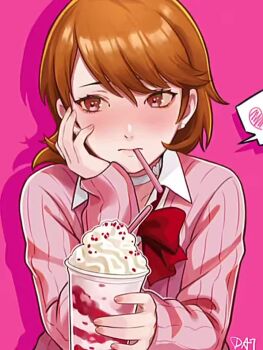 ... 1girl animated artist_name audible_music averting_eyes blush bow bowtie brown_eyes brown_hair cardigan choker closed_mouth commentary cup da-cart earrings elbow_rest embarrassed flipped_hair flying_sweatdrops food food_in_mouth fruit full-face_blush gekkoukan_high_school_uniform hand_on_own_cheek hand_on_own_face heart heart_choker holding holding_cup jewelry long_sleeves loose_bowtie milkshake parfait persona persona_3 pink_background pink_cardigan pink_nails pink_theme red_bow red_bowtie ribbed_cardigan school_uniform shirt short_hair signature solo sound spoken_heart straight-on strawberry strawberry_parfait stud_earrings symbol-only_commentary tagme takeba_yukari upper_body video whipped_cream white_choker white_shirt wing_collar