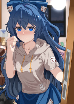 1girl absurdres blue_bow blue_eyes blue_hair blue_nails blue_skirt blurry blush bow chinese_commentary closed_mouth commentary_request depth_of_field grey_hoodie hair_bow highres hood hoodie long_hair looking_at_viewer opening_door resoap short_sleeves skirt solo touhou very_long_hair yorigami_shion