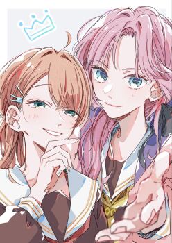 2girls ahoge anyoji_hime aqua_eyes blue_eyes blush border brown_dress closed_mouth commentary_request curtained_hair dress grey_background grin hair_intakes hair_ornament half-closed_eyes hand_on_own_chin hasu_no_sora_school_uniform highres hinoshita_kaho ichigo_milk_love link!_like!_love_live! long_hair long_sleeves looking_at_viewer love_live! low_ponytail multiple_girls neckerchief offering_hand outside_border pink_hair ponytail rabbit_hair_ornament red_neckerchief sailor_collar sailor_dress saito_shiorii school_uniform simple_background smile upper_body virtual_youtuber white_border white_sailor_collar winter_uniform yellow_neckerchief