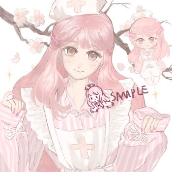 Rule 34 | 1girl, absurdres, bone hair ornament, branch, brown eyes, cherry blossoms, chibi, chinese commentary, closed mouth, collared shirt, commentary request, cross, cross print, eyelashes, flower, frilled straps, hair ornament, hairclip, happy, hat, highres, light blush, lips, long hair, long sleeves, miaoliang01075, multiple views, nail polish, nikki (nikki), nikki (series), nurse, nurse cap, overalls, petals, pink flower, pink hair, pink nails, pink shirt, print headwear, print overalls, puffy long sleeves, puffy sleeves, ribbon, sample watermark, shirt, sidelocks, sleeve ribbon, sleeves past wrists, smile, sparkle, striped clothes, striped shirt, two-tone shirt, upper body, vertical-striped clothes, vertical-striped shirt, very long hair, watermark, wavy hair, white background, white hat, white overalls, white ribbon, white shirt