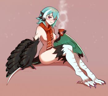 1girl absurdres animal_ears bird_ears bird_legs bird_tail black_feathers black_wings blush breasts commentary cup english_commentary feathered_wings feathers green_feathers green_hair green_wings harpy highres holding holding_cup looking_at_viewer medium_breasts mint_(unreal_fish) monster_girl multicolored_hair multicolored_wings naked_scarf nipples original parted_lips pink_claws pink_eyes pink_talons red_background red_scarf scarf solo steam tail talons twitter_username two-tone_tail two-tone_wings unreal_fish white_hair winged_arms wings