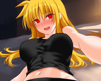 1girl black_tank_top blonde_hair blush breasts embarrassed engo_(aquawatery) eyes_visible_through_hair fate_testarossa large_breasts long_hair lying lyrical_nanoha mahou_shoujo_lyrical_nanoha_strikers navel on_back open_mouth outstretched_arm reaching reaching_towards_viewer red_eyes solo tank_top