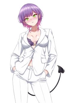 1girl absurdres alternate_costume barbell_piercing bra commentary cowboy_shot demon_girl demon_tail ear_piercing english_commentary formal_clothes gradient_hair green_eyes hands_in_pockets highres hololive industrial_piercing jacket looking_at_viewer mixed-language_commentary multicolored_hair no_shirt official_alternate_hair_length official_alternate_hairstyle p-nekoe pant_suit pants parted_lips partially_unbuttoned piercing pink_hair pointy_ears purple_bra purple_hair simple_background solo straight-on suit suit_jacket swept_bangs tail tokoyami_towa underwear virtual_youtuber white_background white_jacket white_pants