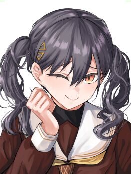 1girl ;) absurdres black_hair brown_dress commentary dress hair_ornament hasu_no_sora_school_uniform highres ixianim katsuragi_izumi link!_like!_love_live! long_hair long_sleeves looking_at_viewer love_live! neckerchief one_eye_closed orange_eyes raised_inner_eyebrows sailor_collar sailor_dress school_uniform simple_background smile solo triangle_hair_ornament turtleneck twintails upper_body virtual_youtuber white_background white_sailor_collar yellow_neckerchief