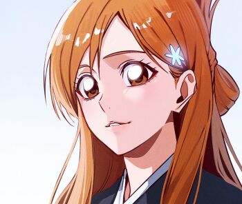 Rule 34 | 1girl, black kimono, bleach, brown eyes, brown hair, hair between eyes, hair ornament, half updo, inoue orihime, japanese clothes, kimono, light smile, long hair, n (nauki 11), parted bangs, parted lips, sidelocks, snowflake hair ornament, solo, straight hair, upper body, white background