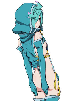 1girl ahoge anemo_nemo ass boots breasts cape covering_ass covering_privates cowboy_shot elbow_gloves from_behind gloves green_boots green_hair highres hood hood_up looking_back mahou_shoujo_ni_akogarete scar short_hair simple_background small_breasts solo suzunari_sakuya white_background