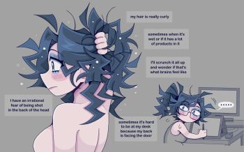 ... 1girl artist_self-insert belly black_hair blue_eyes breasts commentary computer_mouse drawing_tablet flying_sweatdrops glasses grey_tank_top highres holding holding_stylus lady_beemer large_breasts loose_hair_strand messy_hair monitor nude original plump ponytail scratching_head spoken_ellipsis stylus sweatdrop tank_top wet wet_hair