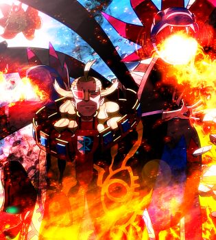 1boy attack beheeyem blonde_hair blue_sky breath_weapon breathing_fire brown_robe closed_eyes commentary dragon embers facing_viewer fire floating flying gen_5_pokemon ghetsis_(pokemon) hair_slicked_back high_contrast hydreigon misterror multiple_heads nintendo open_mouth outdoors pokemon pokemon_(creature) pokemon_adventures robe scouter sky smile volcarona