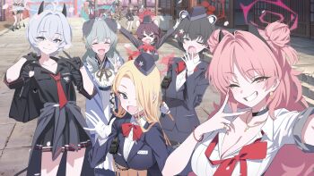 Rule 34 | > <, 6+girls, animal ears, apron, arms up, bad link, black choker, black gloves, black hair, black shirt, black skirt, blonde hair, blue archive, blue kimono, blush, bow, bowtie, breasts, choker, cleavage, closed eyes, double bun, erika (blue archive), fang, fingernails, furrowed brow, gloves, grey hair, grin, guide, hair bun, hair over one eye, halo, highres, horns, japanese clothes, kaede (blue archive), kaede (guide) (blue archive), kimono, kirara (blue archive), long fingernails, long hair, looking at viewer, loose bowtie, loose necktie, miniskirt, multiple girls, necktie, official art, one eye closed, open mouth, pina (blue archive), pina (guide) (blue archive), pink hair, red bow, red necktie, school uniform, selfie, shirt, skin fang, skirt, smile, teeth, tsubaki (blue archive), tsubaki (guide) (blue archive), umika (blue archive), v, white apron, white gloves, white hair, white shirt, yawning