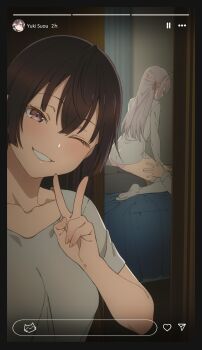 1boy 2girls alisa_mikhailovna_kujou artist_logo ass bed bedroom blush brown_hair collarbone commentary good_morning_my_brother!_(meme) hair_ribbon highres indoors keihh logo long_hair looking_at_viewer meme multiple_girls one_eye_closed paid_reward_available panties pink_panties red_ribbon ribbon selfie shirt smile straddling suou_yuki symbol-only_commentary thighhighs thighs tokidoki_bosotto_roshia-go_de_dereru_tonari_no_alya-san underwear white_shirt white_thighhighs