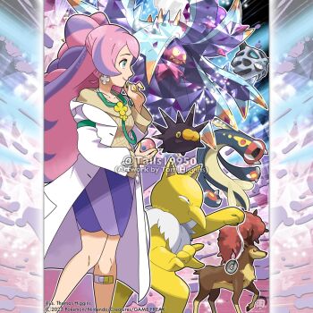 1girl antlers artist_name autumn_leaves bandaid bandaid_on_knee bandaid_on_leg breasts cable_knit character_name closed_mouth collarbone commentary company_name copyright_notice deer earrings eelektross english_commentary eyelashes fangs flower_earrings from_side gen_1_pokemon gen_3_pokemon gen_5_pokemon gen_7_pokemon gen_8_pokemon glalie green_eyes highres holding holding_pendulum horns hypno instagram_username jacket jewelry leaf long_hair merchandise_available miriam_(pokemon) multicolored_hair nintendo official_style open_clothes open_jacket outline pendulum pincurchin pink_hair pokemon pokemon_(creature) pokemon_sv pokemon_team purple_hair purple_skirt sawsbuck sawsbuck_(autumn) sharp_teeth skirt smile spikes striped_clothes striped_skirt sweater teeth terastallization tom_higgins toxapex two-tone_hair watermark white_jacket white_outline yellow_sweater