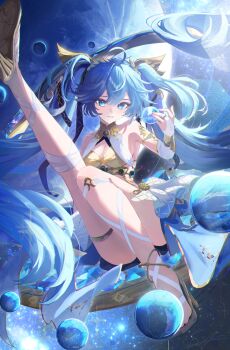 Rule 34 | 1girl, ahoge, ancient greek clothes, armlet, bare shoulders, blue eyes, blue hair, breasts, bridal gauntlets, commentary, gold bra, greco-roman clothes, highres, iuno (wuthering waves), jewelry, laurel crown, leg up, long hair, looking at viewer, medium breasts, neonewcatnyan, orb, parted lips, signature, sky, smile, solo, space, star (sky), starry sky, thighlet, thighs, twintails, white bridal gauntlets, wuthering waves