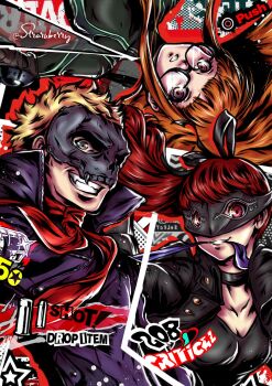 1boy 2girls ammunition arm_up ascot athletic_leotard black_bodysuit black_choker black_jacket black_leotard black_mask black_ribbon blonde_hair blunt_bangs bodysuit breasts button_prompt buttons choker cleavage collar collared_jacket critical_hit cut-in elbow_gloves elbow_pads gameplay_mechanics glasses gloves grey_mask hair_ribbon happy health_bar high_collar high_ponytail highres hime_cut jacket leotard long_hair long_sleeves mask masquerade_mask mouth_hold multicolored_background multiple_girls open_mouth oracle_(persona_5) orange_hair outline paint_splatter panels persona persona_5 persona_5_the_royal polka_dot polka_dot_background ponytail purple_eyes purple_ribbon red_ascot red_eyes red_hair red_outline ribbon ribbon_baton ribbon_in_mouth sakamoto_ryuuji sakura_futaba shiny_clothes shiny_skin short_hair skull skull_(persona_5) skull_mask smile star_(symbol) straruberry swept_bangs teeth treasure_chest twitter_username upside-down user_interface violet_(persona_5) watermark yoshizawa_kasumi