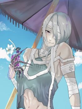 1girl a.k.i._(street_fighter) bandaged_arm bandages bandages_over_eyes beach_umbrella bikini blue_sky brown_eyes claw_(weapon) claw_ring commentary_request cup grey_bikini grey_hair highres holding holding_cup mole mole_under_mouth santon_no_omomi sky street_fighter street_fighter_6 swimsuit umbrella upper_body weapon