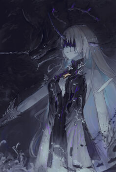 absurdres alternate_breast_size_(smaller) bare_shoulders black_dress breasts center_opening commentary covered_eyes cowboy_shot creature_and_personification dress earrings facing_ahead fins floating_earrings grey_hair head_fins highres horns jewelry large_breasts leviathan_(wuthering_waves) long_hair mienpp parted_lips personification purple_horns single_horn very_long_hair wuthering_waves