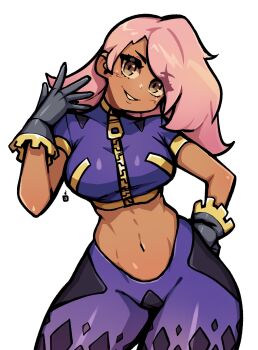 1girl breasts brown_eyes commentary commission cowboy_shot cropped_jacket dark-skinned_female dark_skin english_commentary gloves grey_gloves hand_on_own_hip hand_up head_tilt highres jacket large_breasts long_hair looking_at_viewer oninuer original pants parted_bangs parted_lips pink_hair purple_jacket purple_pants short_sleeves simple_background smile solo stomach white_background zipper zipper_pull_tab