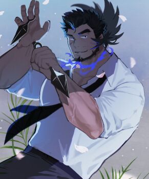 Rule 34 | 1boy, bara, beard, black hair, blue fire, chinstrap beard, collared shirt, commentary request, cowboy shot, dark-skinned male, dark skin, dual wielding, facial hair, facial scar, fire, forked eyebrows, highres, holding, holding kunai, holding weapon, incoming attack, kunai, large pectorals, looking at viewer, loose necktie, male focus, mature male, momodayuu4, muscular, muscular male, mustache stubble, necktie, pectorals, ponytail, sandayu (housamo), scar, scar on cheek, scar on face, shirt, smirk, solo, stubble, thick eyebrows, tokyo houkago summoners, weapon