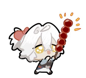 aged_down alternate_costume bow chibi chibi_only food hair_between_eyes hair_bow holding holding_food honkai:_star_rail honkai_(series) jing_yuan long_hair lowres male_focus mississipping pants ponytail red_ribbon ribbon smile solo tanghulu white_hair