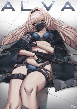 1girl absurdres alva_(girls&#039;_frontline_2) an-94 an-94_(girls&#039;_frontline) artist_name assault_rifle black_capelet black_gloves black_hairband blonde_hair blue_bra blue_eyes blue_panties bra caiman_pool capelet character_name girls&#039;_frontline girls&#039;_frontline_2:_exilium gloves gun hairband highres holding holding_gun holding_weapon long_hair looking_at_viewer lying mask metal_mask mouth_mask on_back on_floor panties rifle solo tile_floor tiles underwear weapon