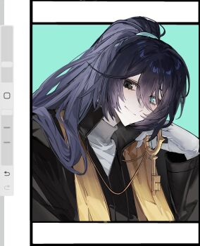 1boy aqua_background aqua_eyes art_program_in_frame art_program_request black_coat black_eyes bochishiraita coat dieci_association_south_uniform gloves hair_between_eyes heterochromia high_collar high_ponytail highres holding holding_key hong_lu_(project_moon) jewelry key key_necklace limbus_company long_hair looking_down male_focus necklace official_alternate_costume ponytail project_moon sash shirt smile solo stole turtleneck turtleneck_shirt white_gloves white_shirt yellow_sash