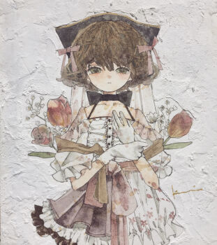 Rule 34 | 1girl, absurdres, blush, bow, brown hair, brown ribbon, collarbone, commentary request, cowboy shot, dress, floral dress, floral print, flower, gloves, green eyes, hair between eyes, highres, karintoun, looking at viewer, original, painting (medium), ribbon, short hair, signature, simple background, straight-on, traditional media, veil, watercolor (medium), white background