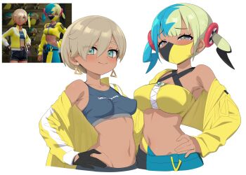 2girls bandeau black_hair blonde_hair blush breasts canari_(pokemon) character_request criss-cross_straps dark-skinned_female dark_skin game_screenshot_inset highres jacket long_sleeves looking_at_viewer low_drills multicolored_hair multiple_girls nintendo open_clothes pants pokemon pokemon_legends:_z-a purple_eyes ransusan reference_inset screenshot_inset short_hair simple_background smile split-color_hair sports_bra two-tone_mask two-tone_pants yellow_bandeau yellow_jacket yellow_mask yellow_sports_bra